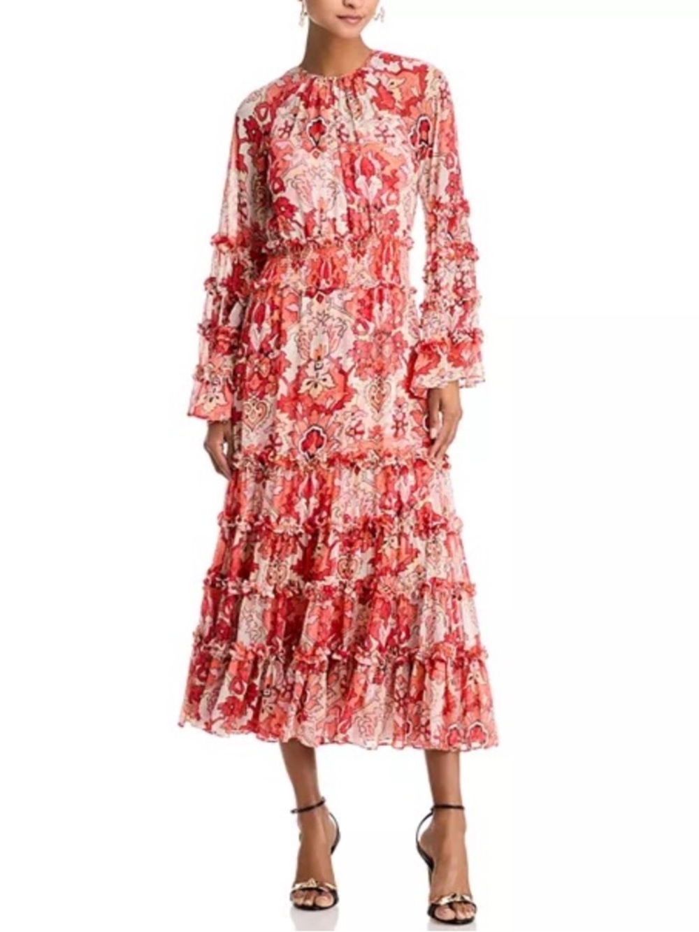 Cinq à Sept Red and Cream Floral Tiered Ruffle Midi Dress